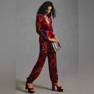 Farm Rio Floral Velvet Jumpsuit with Pockets Long Sleeves Puff Shoulder Red XS